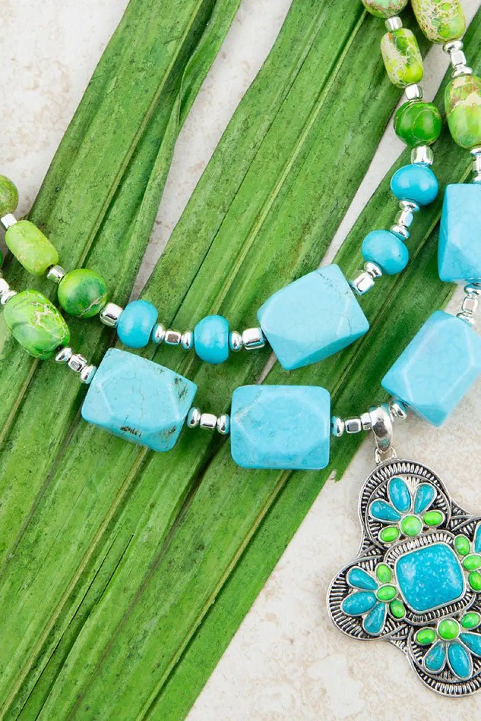 Zion Lime Green and Blue Turquoise and Sterling Silver Statement Necklace - Necklaces