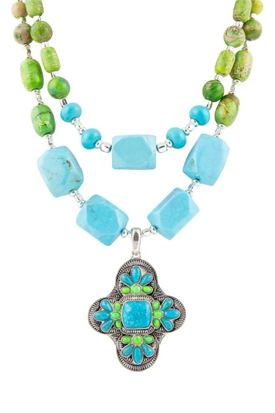 Zion Lime Green and Blue Turquoise and Sterling Silver Statement Necklace - Necklaces
