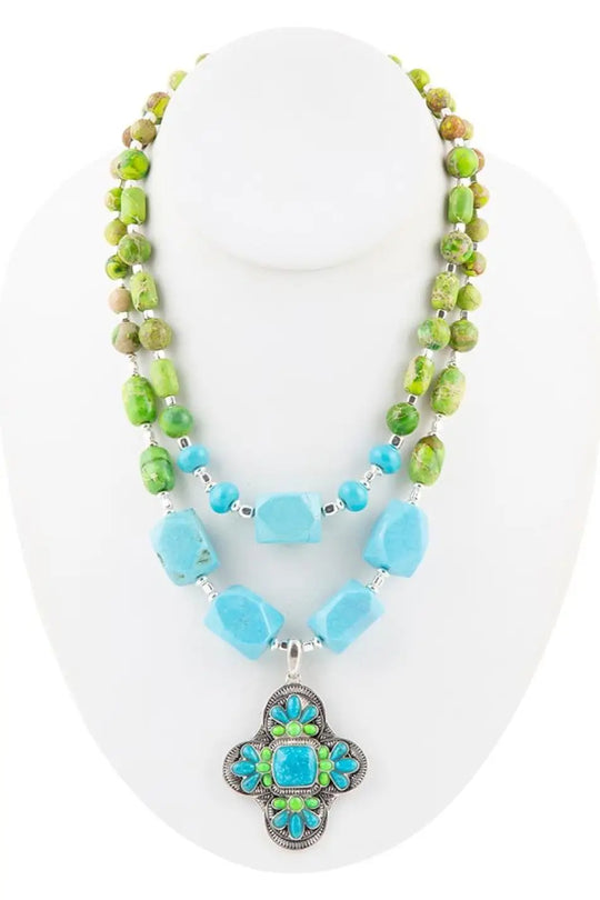 Zion Lime Green and Blue Turquoise and Sterling Silver Statement Necklace - Necklaces