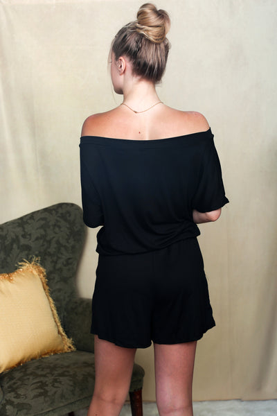 Day to Night Black off the shoulder Romper - Melissa Jean Boutique