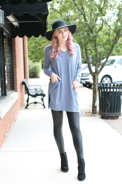 Cement V-Neck Sweater with Pockets - Melissa Jean Boutique