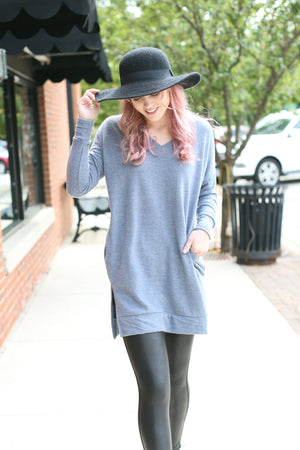 Cement V-Neck Sweater with Pockets - Melissa Jean Boutique