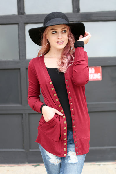 Cabernet Red Snap Cardigan with Pockets - Melissa Jean Boutique
