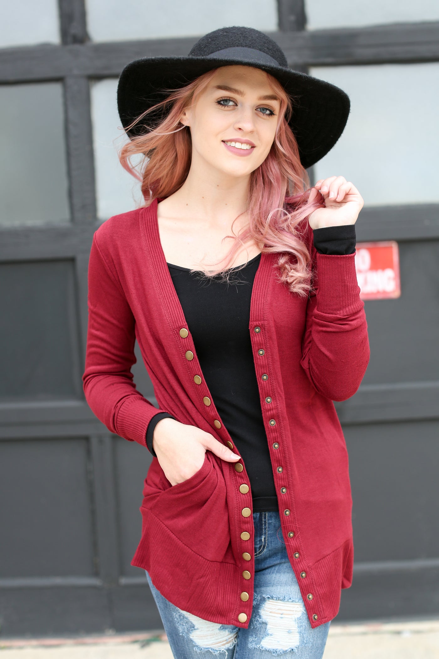 Cabernet Red Snap Cardigan with Pockets - Melissa Jean Boutique
