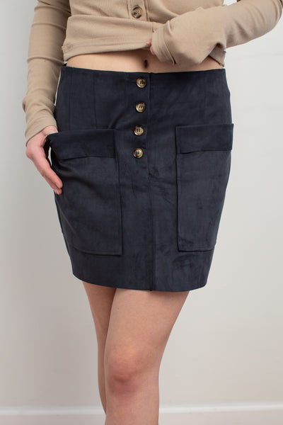 Navy Faux Sueded Skirt with Pockets - Melissa Jean Boutique