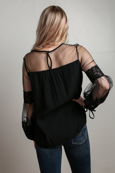 Black Lantern Sleeve Sheer Lace Top - Melissa Jean Boutique