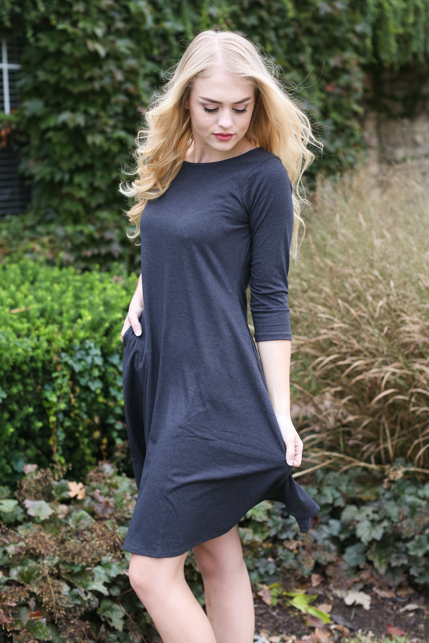 Molly Ann II Charcoal Classic A-Line Dress with Pockets - Melissa Jean Boutique