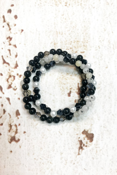 Set of 3 Black and White Gemstone Stretch Bracelets by Dazzled by Donna - Melissa Jean Boutique
