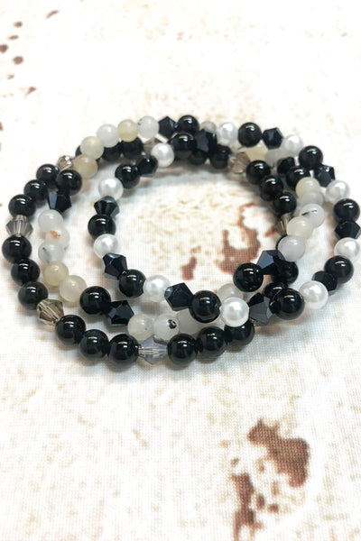 Set of 3 Black and White Gemstone Stretch Bracelets by Dazzled by Donna - Melissa Jean Boutique