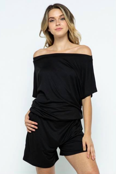 Day to Night Black off the shoulder Romper - Melissa Jean Boutique