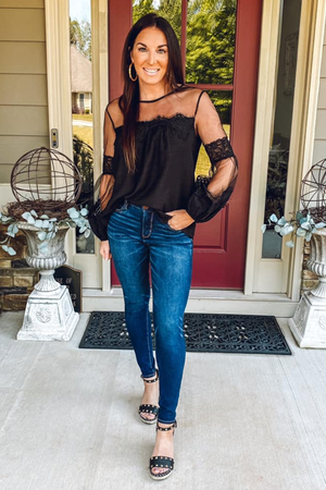 Black Lantern Sleeve Sheer Lace Top - Melissa Jean Boutique