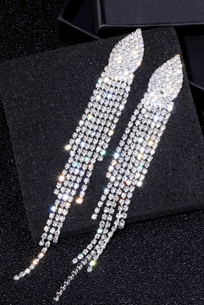 Crystal Rhinestone Long Teardrop Tassel Earrings