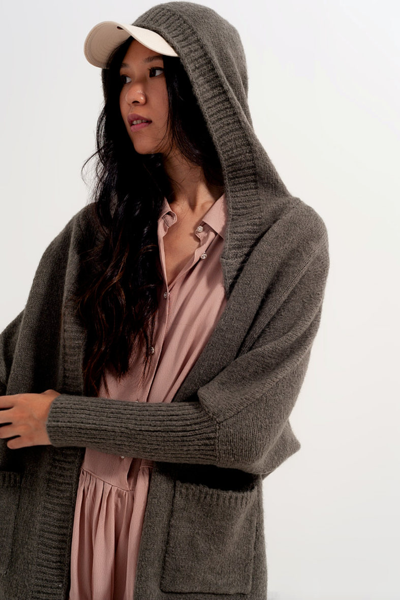 Hooded Open Cardigan in Khaki