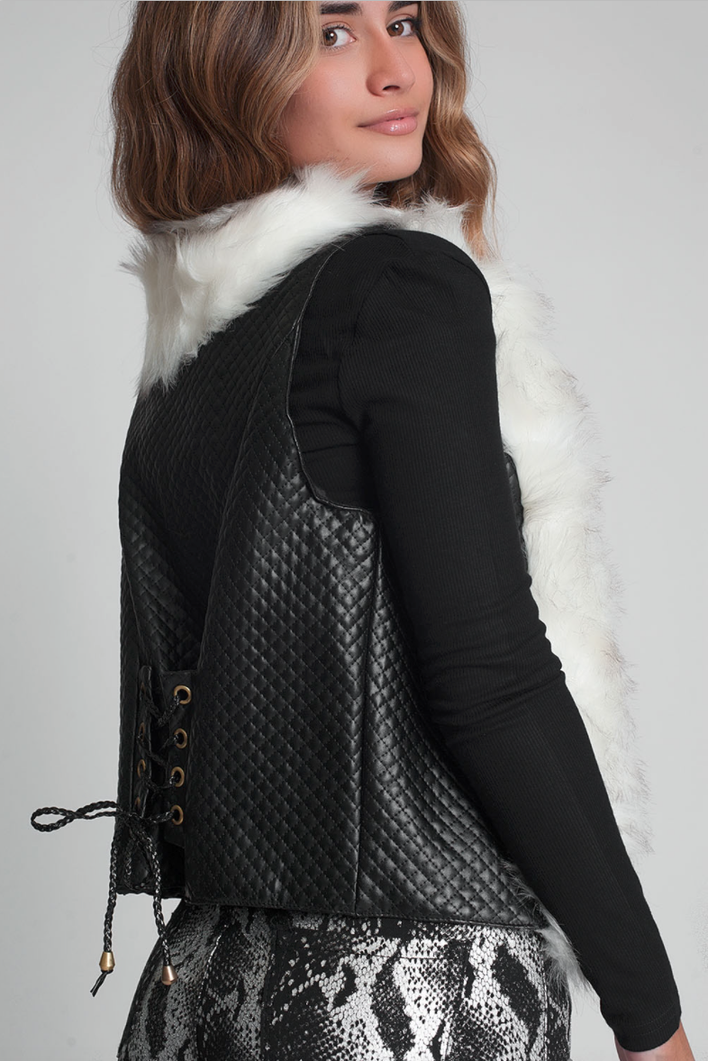 Black Faux Leather and Fur Vest
