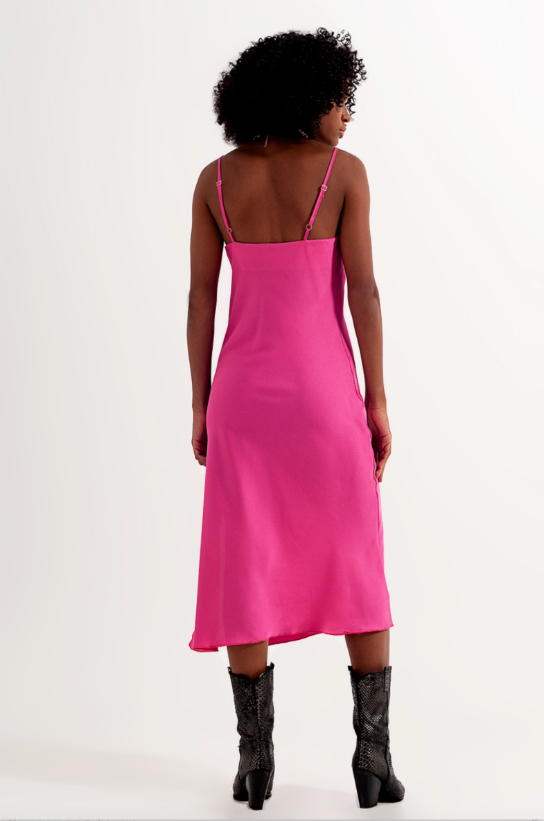 Marilyn Satin Cami Strap Dress in Fuchsia Pink