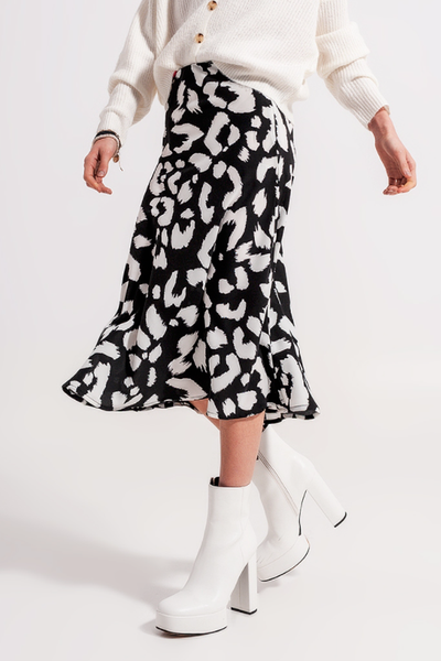 Vera Black and White Animal Print Midi Skirt