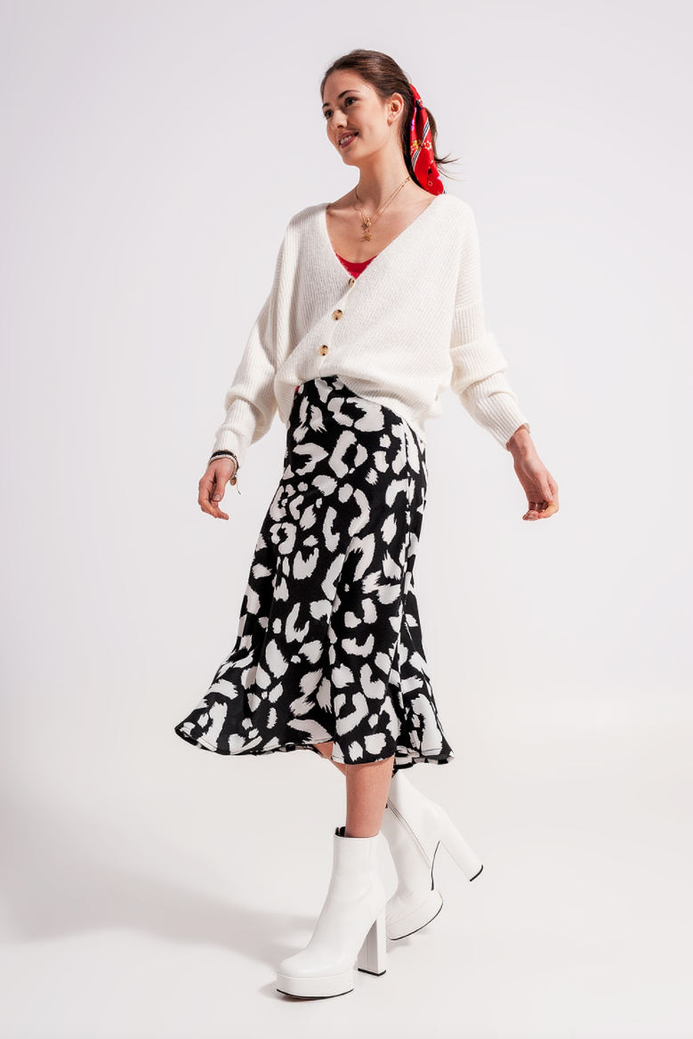 Vera Black and White Animal Print Midi Skirt