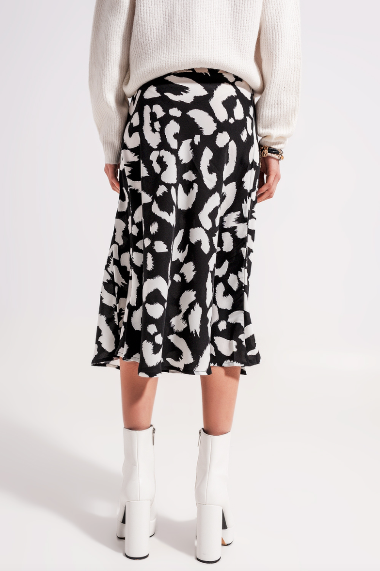 Vera Black and White Animal Print Midi Skirt