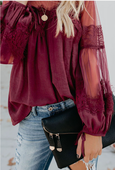 Red Lantern Sleeve Sheer Lace Top