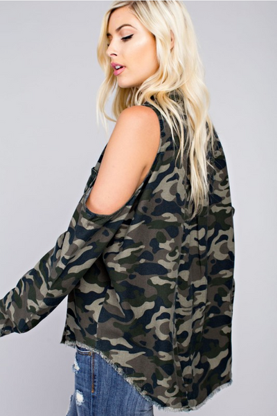 Soldier Up Camo Cold Shoulder Top - Melissa Jean Boutique
