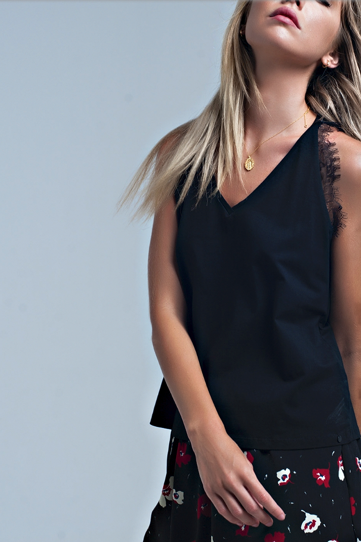 Black Sleeveless Top with Lace Detail - Melissa Jean Boutique