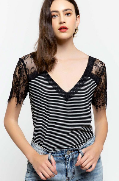 Black and White Striped with Lace V-Neck Top - Melissa Jean Boutique