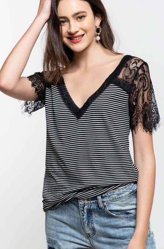 Black and White Striped with Lace V-Neck Top - Melissa Jean Boutique