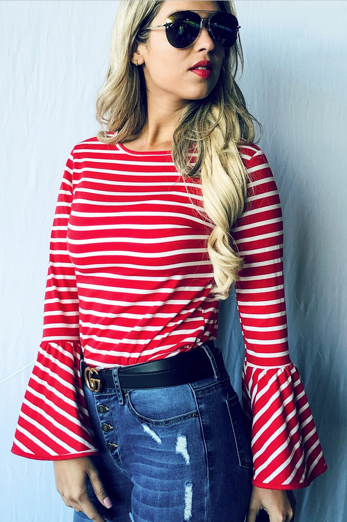 Red Striped Bell Sleeve Top - Melissa Jean Boutique